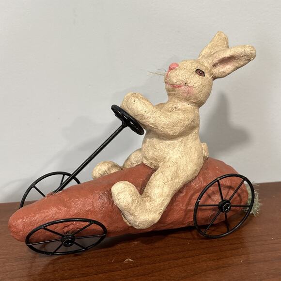 Primitive Easter Bunny Rabbit Riding Carrot Folk Art Paper Clothed Mache